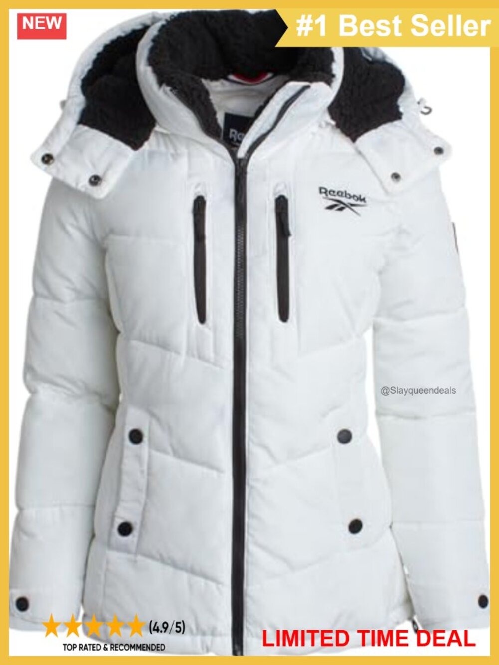 Reebok Womens Puffer Coat Water Wind Resistant Sherpa Lined Removable Hood
